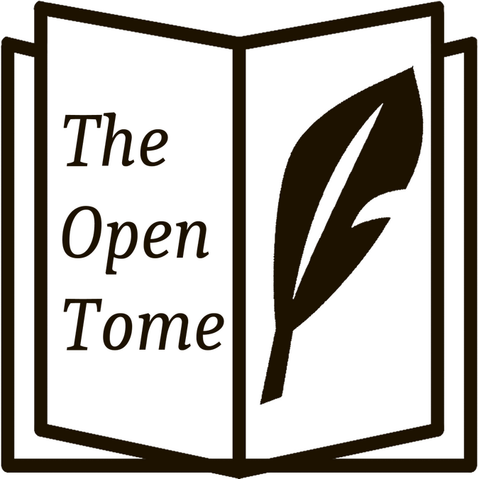 The Open Tome's Logo, an open book with "The Open Tome" text on the left page and a logo of a quill on the right page.